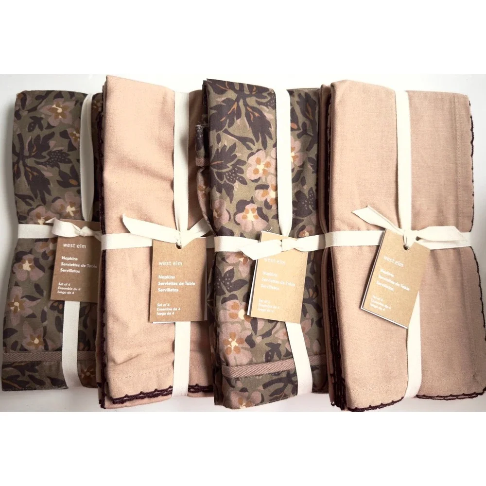 West Elm Napkins, Set of 16, Blake Floral & Picot Edge Burgundy NWT, Retail $176